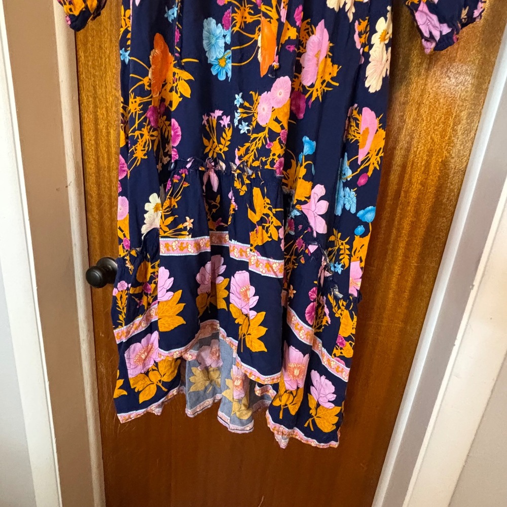 GIGIO Navy Blue Floral Boho High-Low Midi Dress Tie Neck 3/4 Sleeve Womens Large - Picture 9 of 10